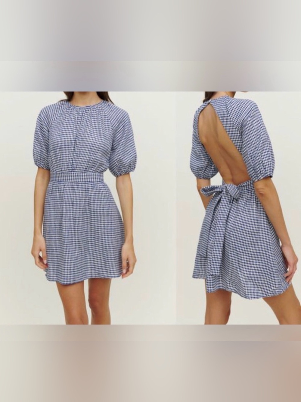 Reformation Blue White Gingham Cutout Mini Dress Size 8 Open Back Plaid Bow